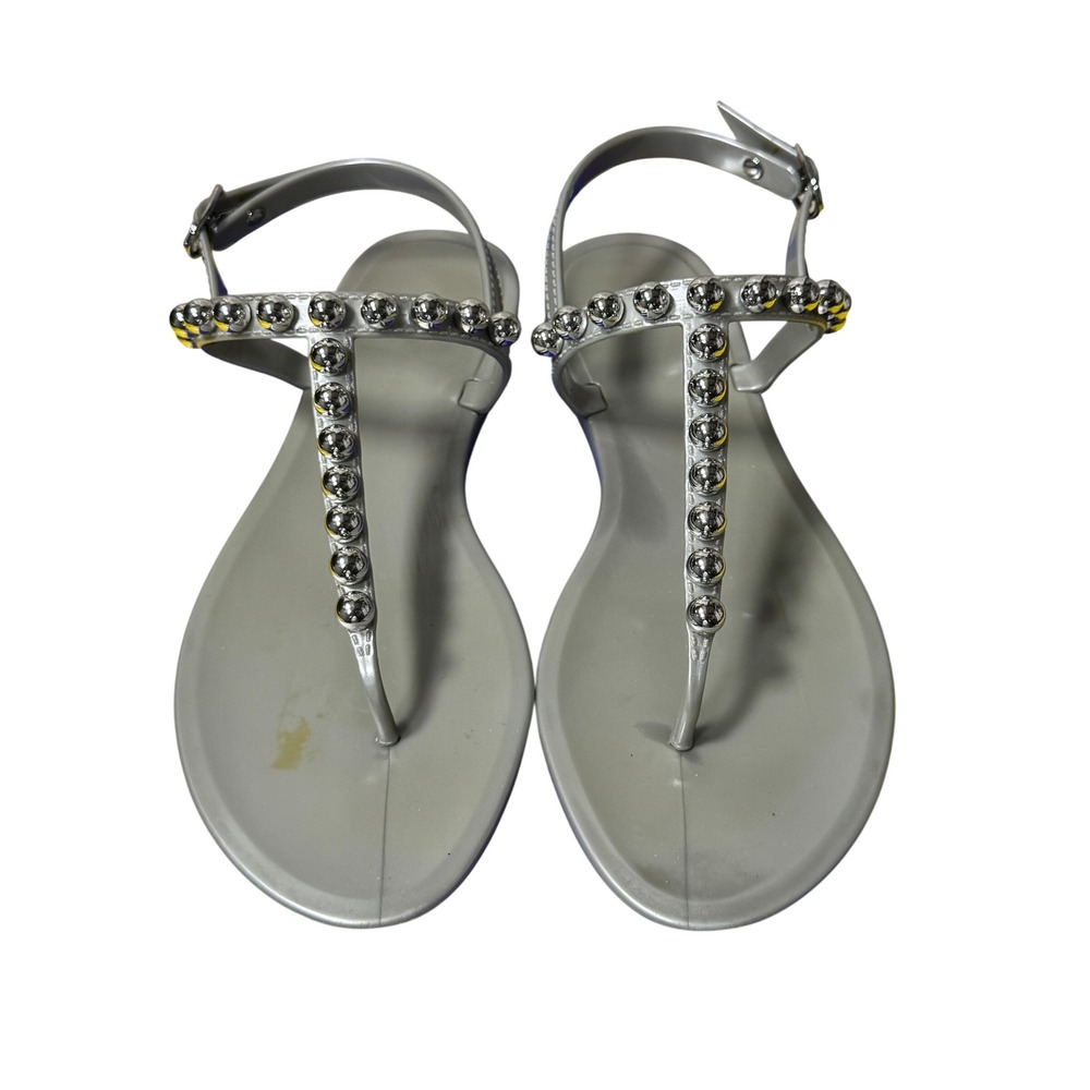 Size 8 - Stuart Weitzman Goldie Silver Tonal Studded Jelly T-Strap Sandals